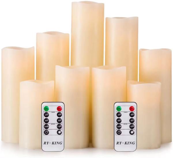 LED Candle Set Of 9 Remote Control With Battery Operated Real Wax Pillar