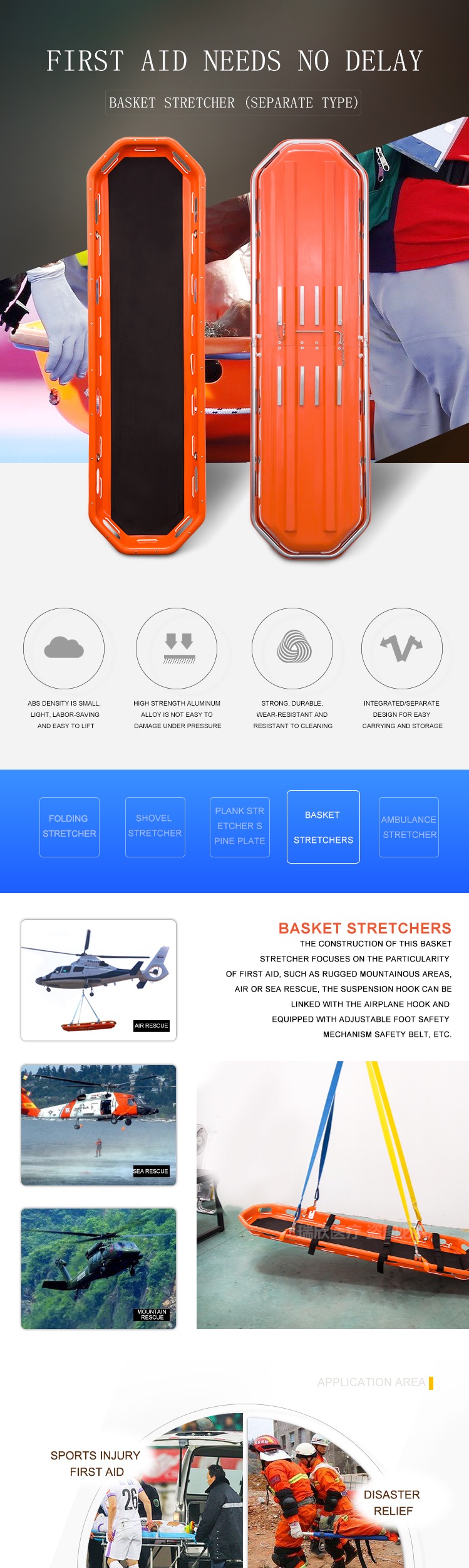 Marine Helicopter Transport Plastic Rescue Basket Stretcher Medical
