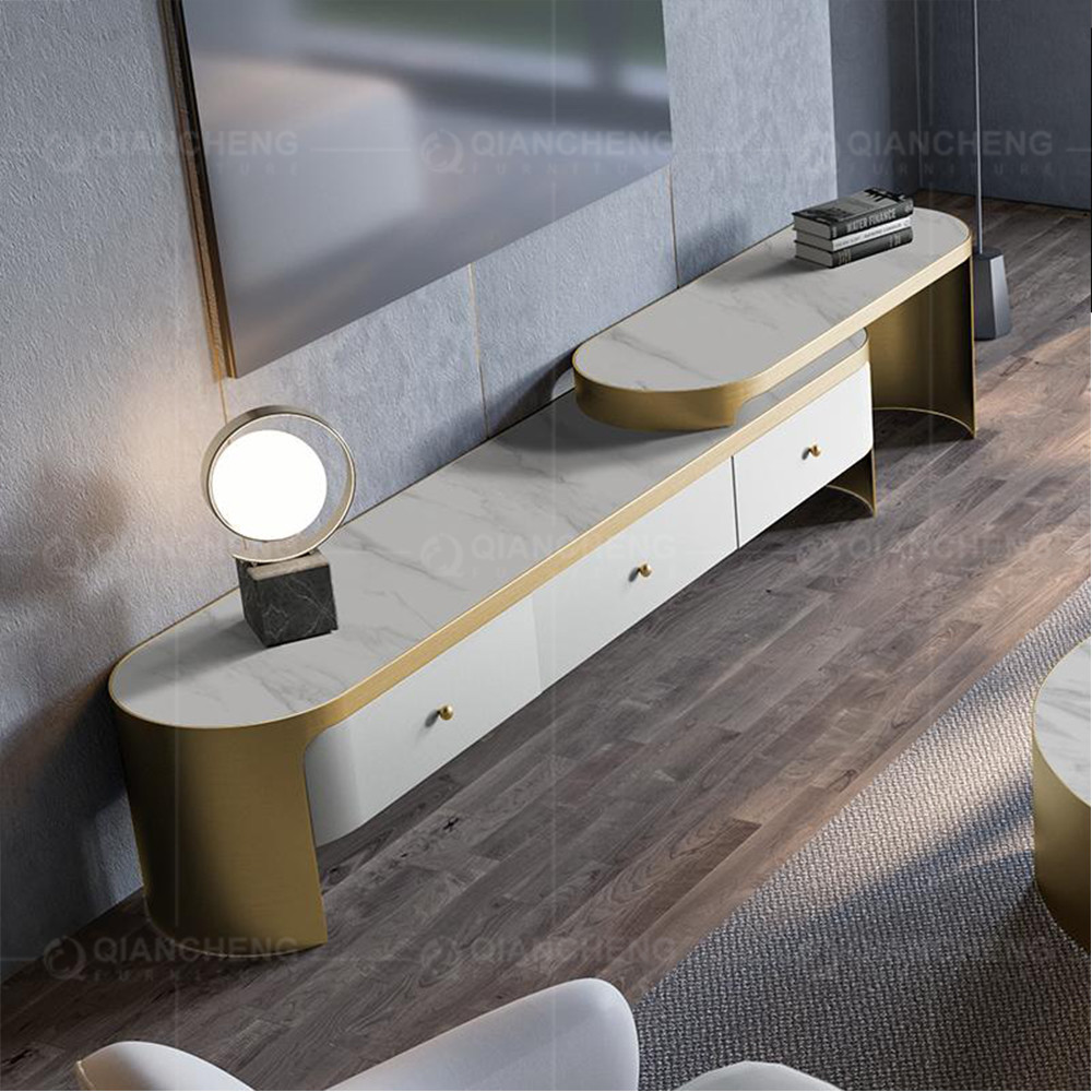 Popular style Marble Top Metal Frame TV Stand 83kg Polished Grey Color