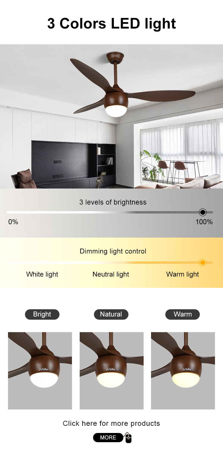 Metal Ceiling Fan with Light 3 ABS Wooden Blades Wall Control Black/Brown/OEM Colors