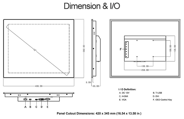 1280x1024 NTSC Capacitive Touch Monitor 450cd/M2 Aluminium Alloy PCAP