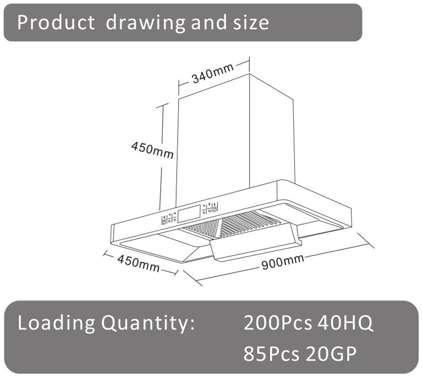T Shape Under Cabinet Fashing Chimney Hood 1600M/hr