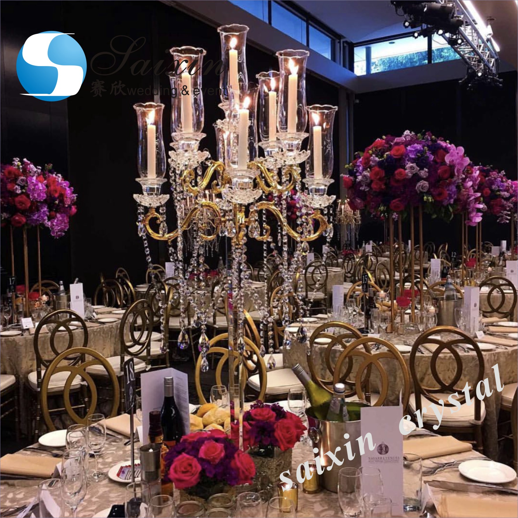 New ! Gorgeous gold stand with crystal chandelier for wedding table decoration center pieces