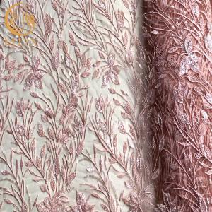 Quality Popular Pink Beaded Wedding Lace Fabrics 20% Polyester Water Soluble wholesale