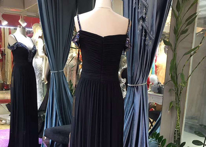 Sling Black A Line Prom Dress Deep V Neck Sweetheart Blue Beading Stretch Fabric
