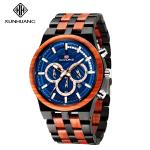 Blue Dial Wooden Quartz Watch 6 Hands Luminous Wristwatch Man 1018-2