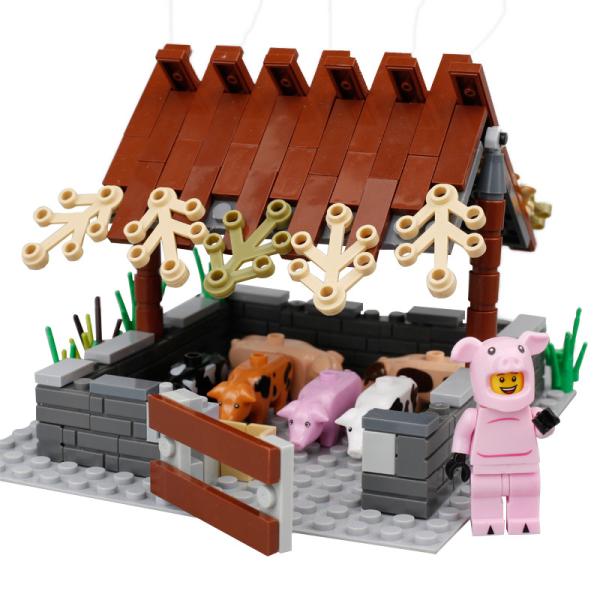 MOC city accessories bricks farm house mini figures diy pig animal house