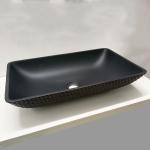 Leather Grain Bathroom Tempered Glass Vessel Sink Acid Matt Black Glass Wash