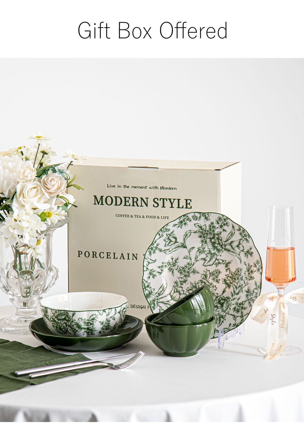 Restaurant Occasion Luxurious Green Ceramic Dinner Set With Flower Design