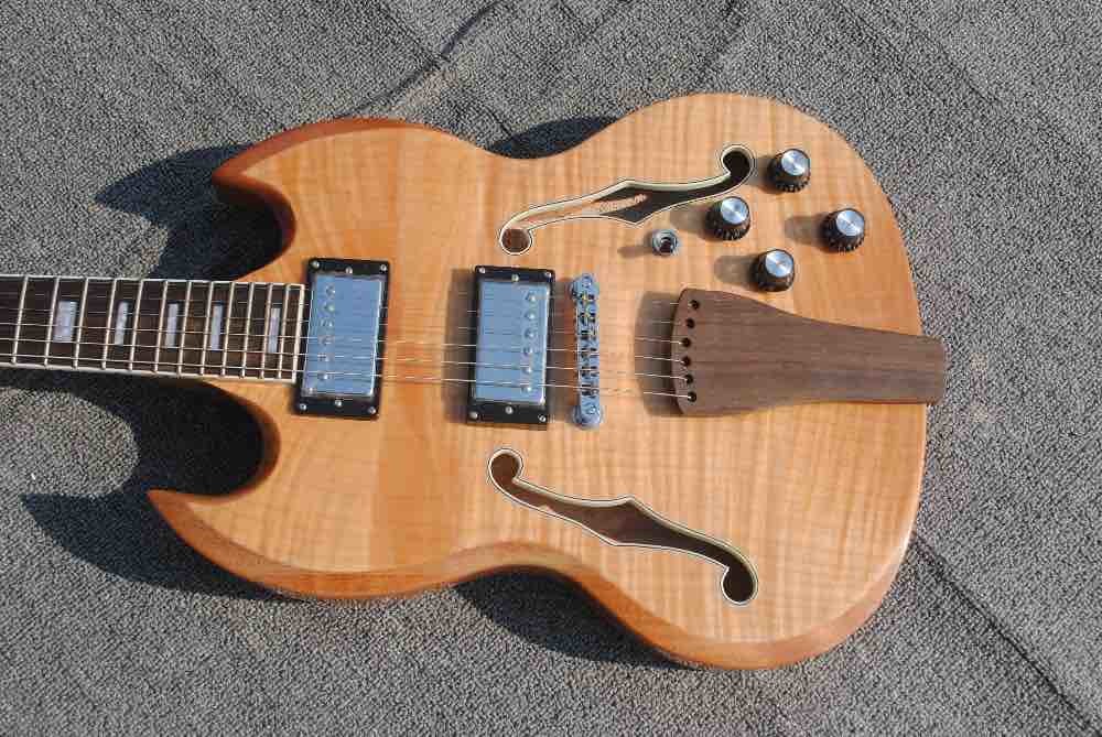 High quality custom 6 string electric guitar, flame maple veneer, wood color body, double F hole half hollow body, rosew
