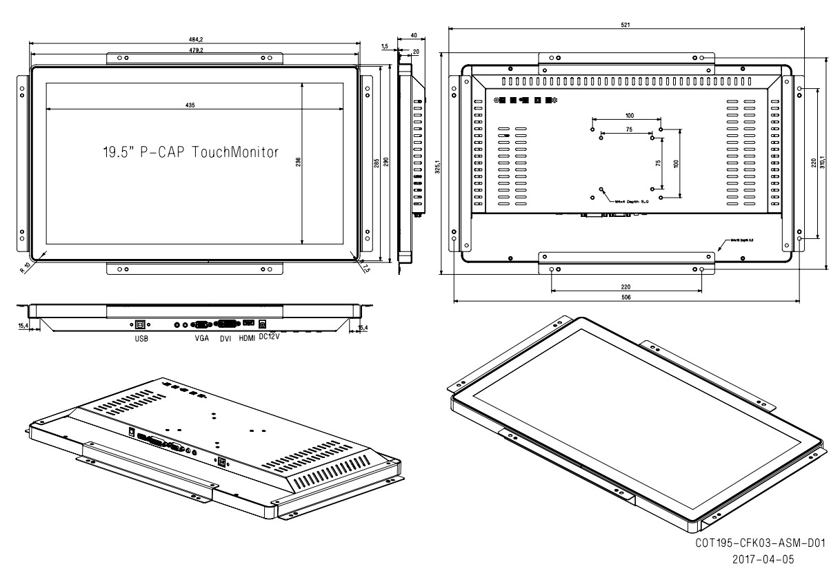 19.5Inch TFT LCD PCAP Touch Monitor Screen With Mount Bracket