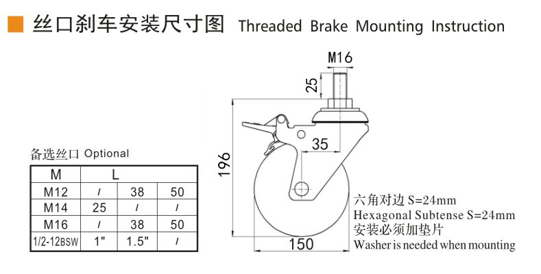 150mm Industrial Caster Wheels 6 Inch 130kg Threaded TPU Caster