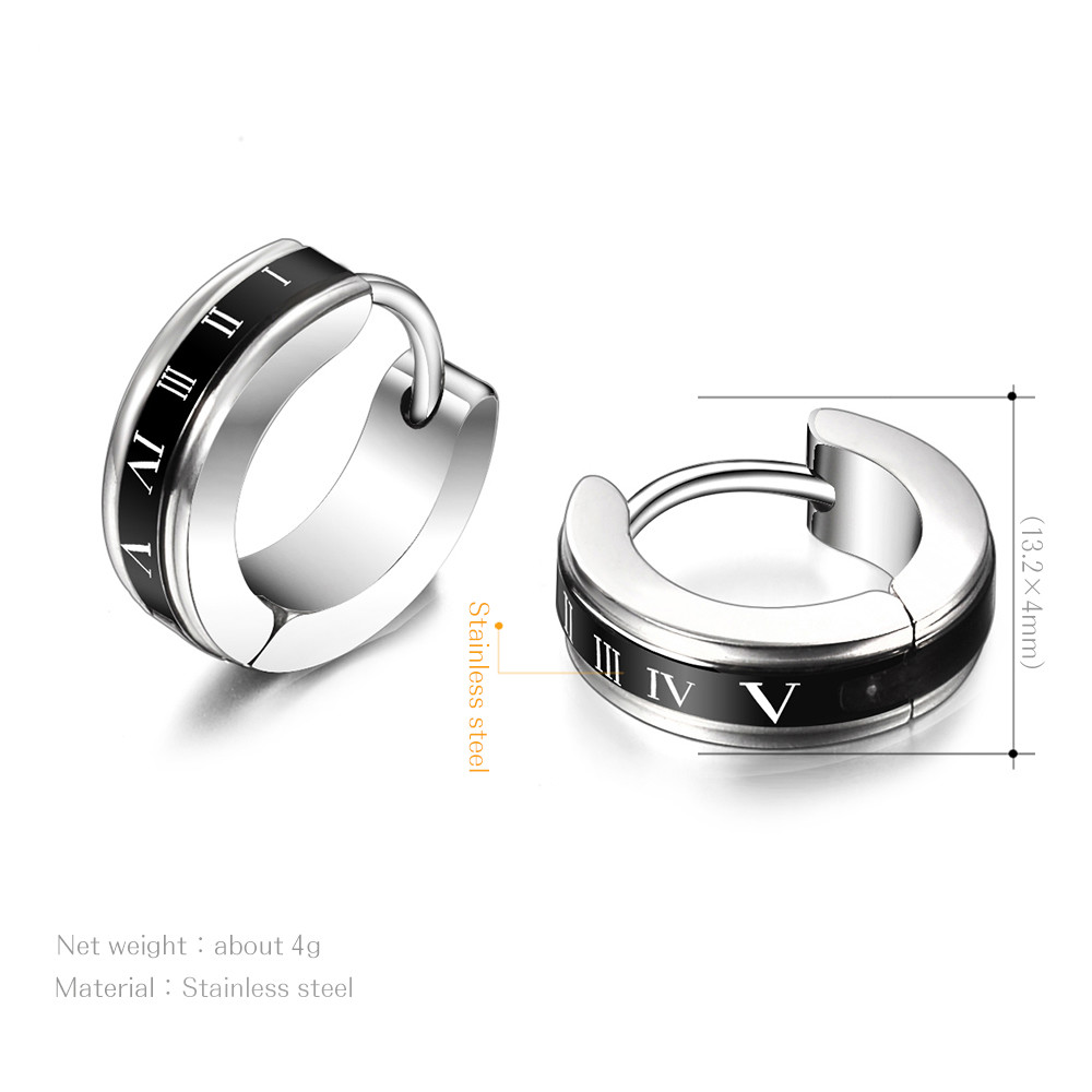osbores Cool Stainless Steel Round Stud Earrings For Women/Men Roman numerals Pattern Silver Color Black Earrings