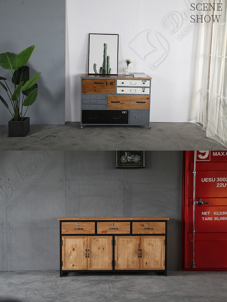 Wood Drawer Retro Shipping Container Table Iron Frame Cabinet With Casters