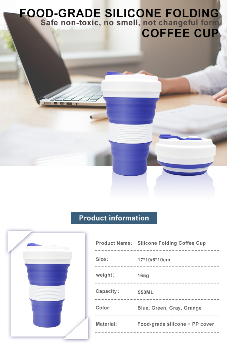 SGS Collapsible Silicone Drinking Coffee Cup 550ML With Lid