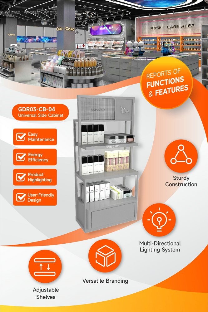 GDR03-CB-04 Universal Side Cabinet With LED Strip Lights And Transparent Tempered Glass For Specialty Beauty Stores