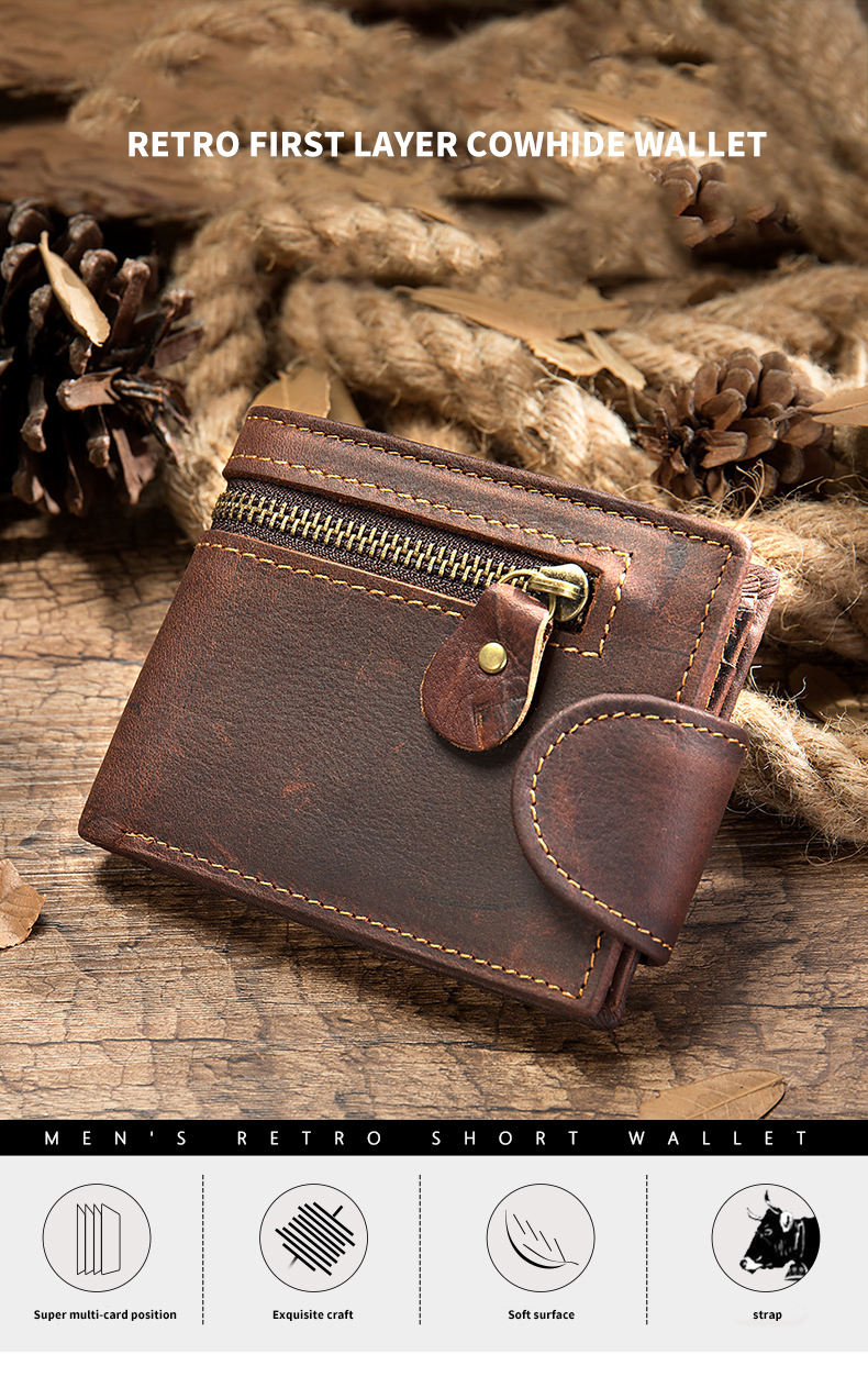 Original Retro Style Men's Wallet with Zipper Closure and Genuine Leather Material