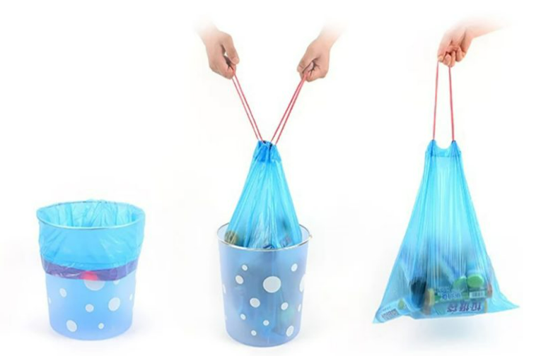 8 Gallon Beige Drawstring Kitchen Trash Bags Plastic White Clear Surface Handling