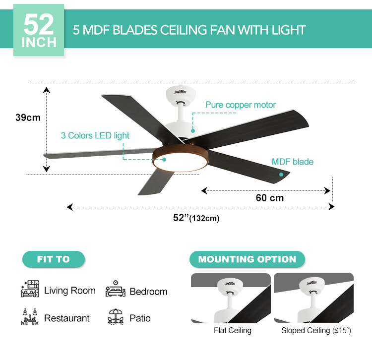Smart Control LED Ceiling Fan with Light 52-inch 5 MDF Blades and 35/60W Motor Wattage