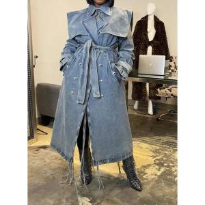 Quality High End Fashion Winter Loose Blue Denim Jacket Windbreaker Trench Ladies Long Coat for Women wholesale