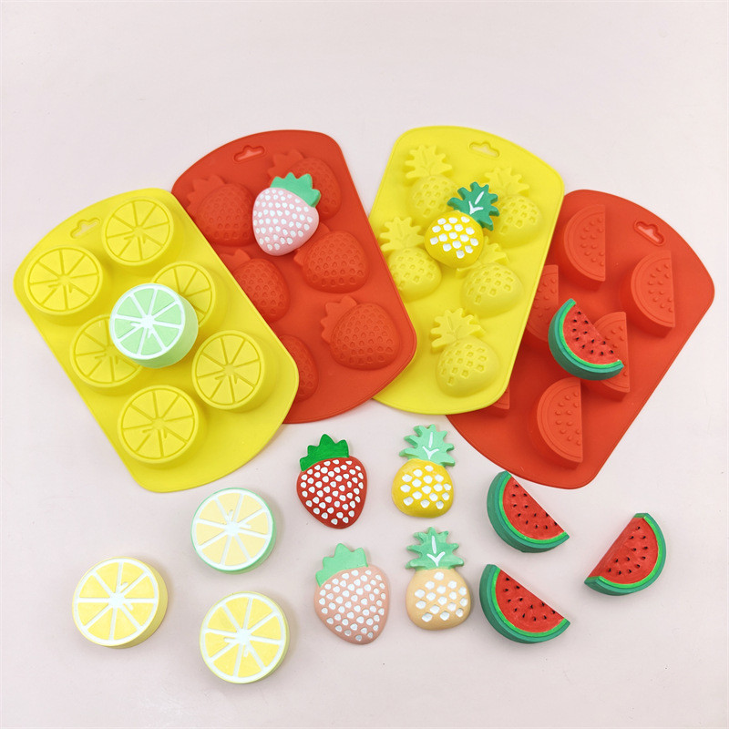 4 Pack Fruit Shaped Silicone Mold Pineapple Lemon Watermelon Strawberry Chocolate Candy Baking Mould 3D Summer Fruit Ice Mold For DIY Jelly Fondant