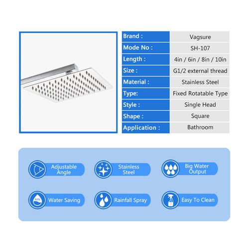 Mirror Effect Square Rain Shower Head , 360 Degree Rotation Waterfall Shower