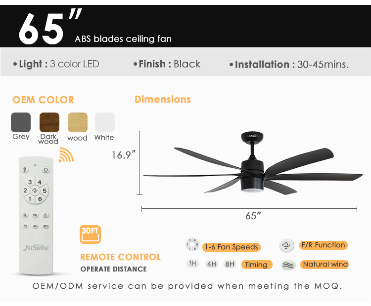 Modern Design 65" Industrial Ceiling Fan with Light and 6 ABS Blades Mulit Colors