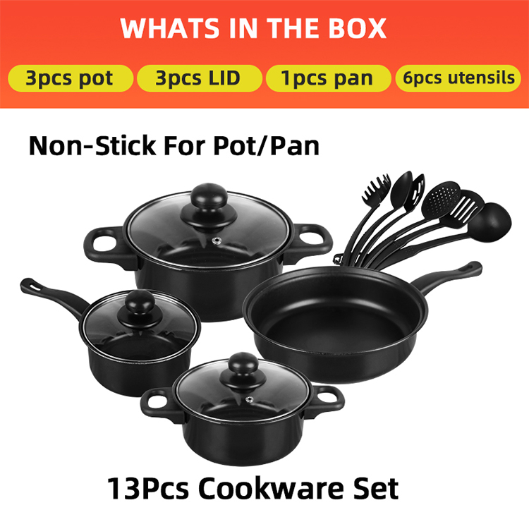 Kitchen 13 Piece Non Stick Cast Iron Cookware Set Black Pot And Pans