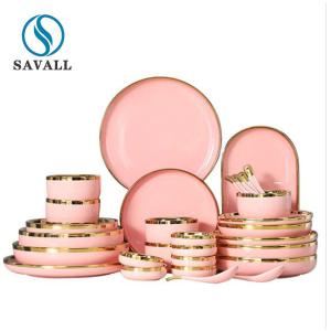 Quality Gold Rim Pink Round Porcelain Dinnerware Set for Coffee shop wholesale