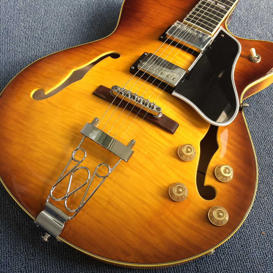 Hollow body jazz electric guitar, Chocolate color electric guitar with Tremolo system,Ebony Fingerboard