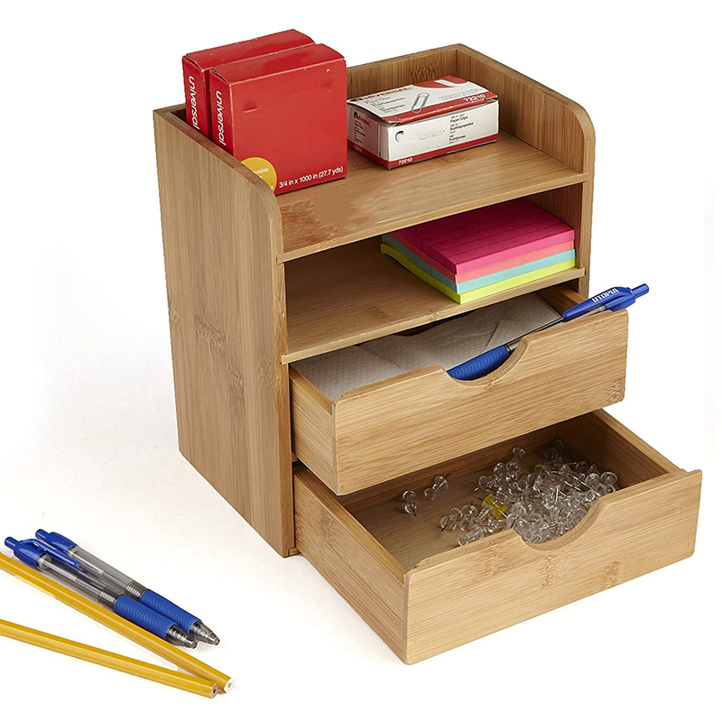 Customized Logo Acceptable 4-Tier Bamboo Box Desk Organizer with 2 Drawers
