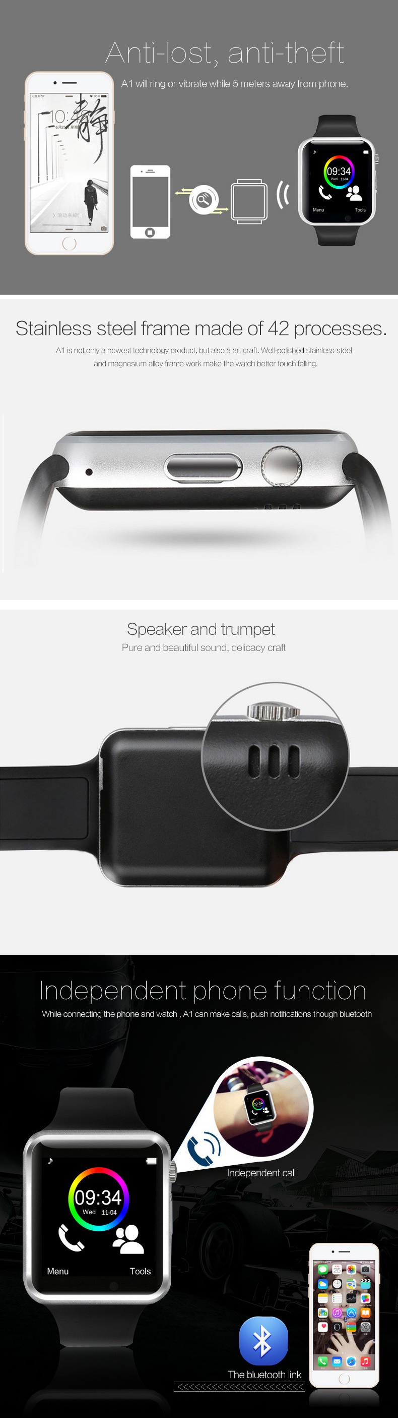 Smart Watch A1 Smartwatch For Android IOS Phone Women BLE Watch With Retail Box Spain Market