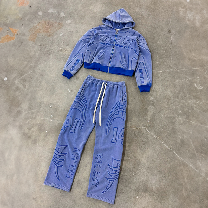 Manufacturers Custom Sun Faded Embossing Full Print Acid Wash Vintage Zipper Cropped Tracksuit Hoodies Sweatpants and Hoodie Set