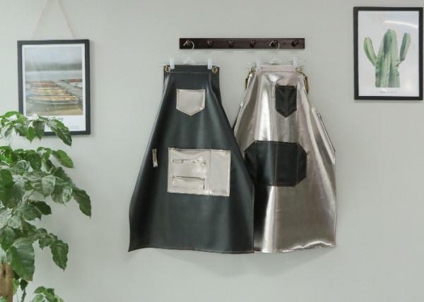 PU Leather Kitchen Cooking Apron Silver And Black Stitching Padded