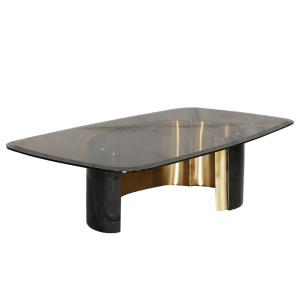 China Satin Finish Tempered Glass Coffee Table Brushed Gold Rectangle Coffee Table on sale
