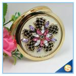 Shinny Gifts Luxury Rhinestone Flower Design Metal Compact Mirror Small Makeup