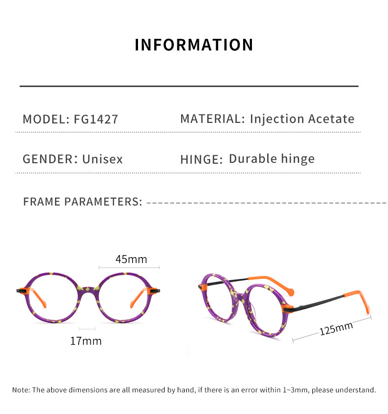 Children'S Optical Round Acetate Glasses Non Prescription Lens Width 45mm