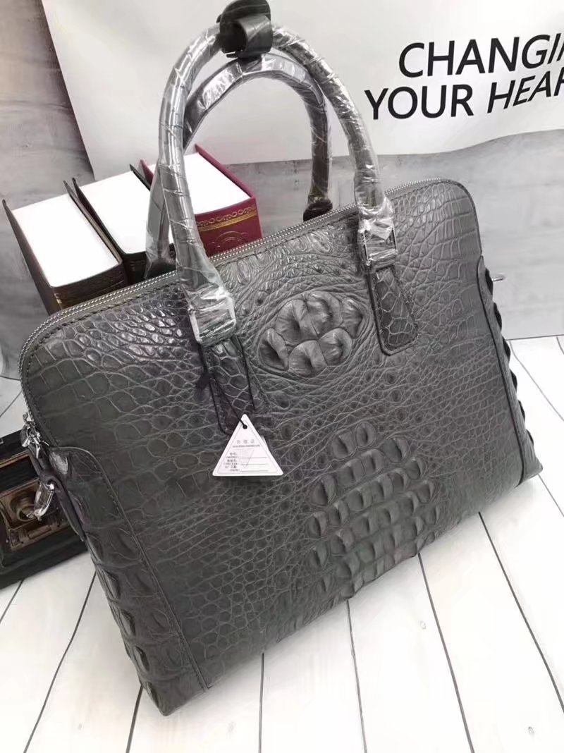Genuine Crocodile Skin Men's Gray Laptop Briefcase Handbag Authentic Real Alligator Leather Businessmen Working Totes