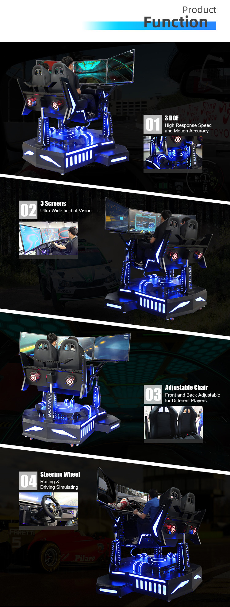 2 Seat 3 Screen Racing Simulator 3KW Power Arcade Machine F1 Game Racing Seat