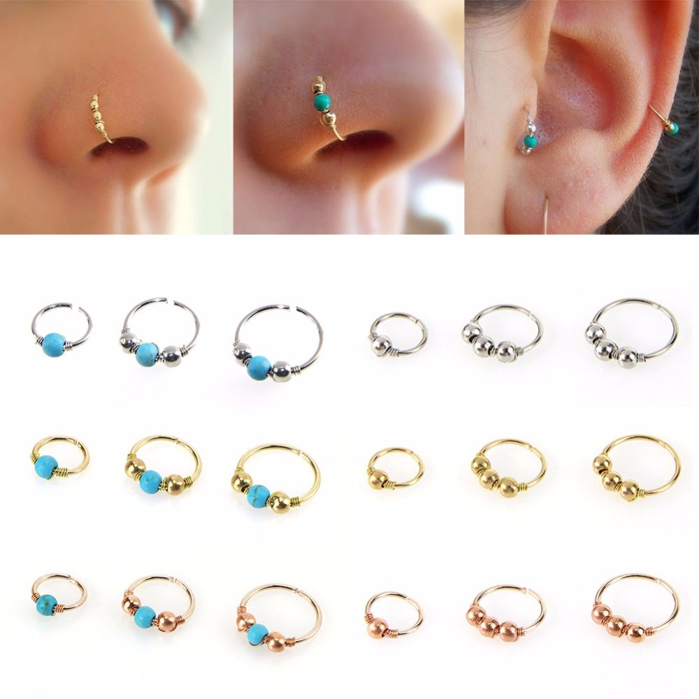 Fashion Retro Round Beads Nose Ring Nostril Hoop Body Piercing Jewelry