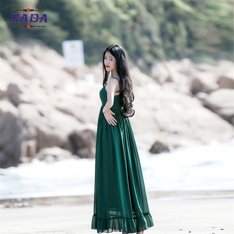 Chiffon style empire waist green maxi long one piece dresses modern lady casual autumn dress with low price