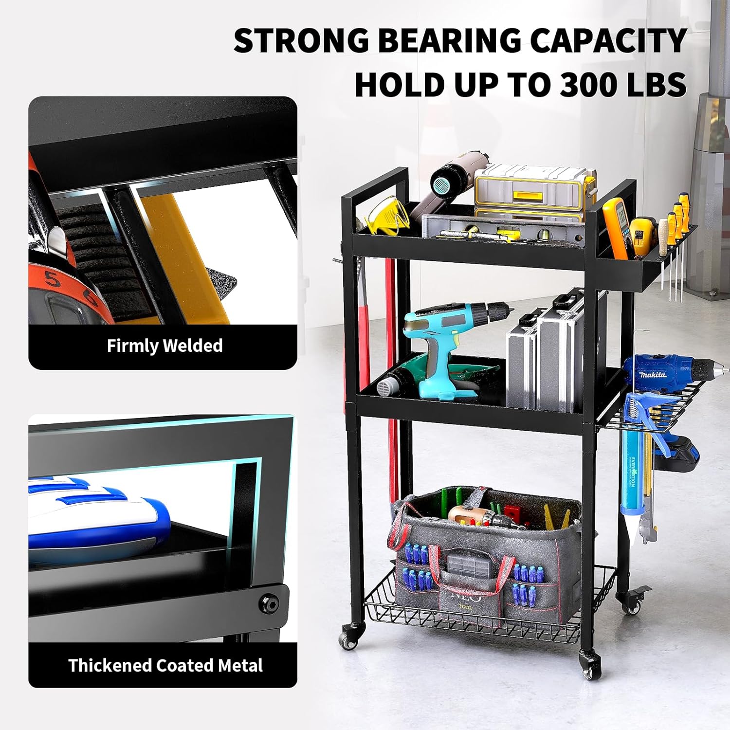 Wall Mount 3 Tier Drill Rack Shelf Rolling Cart Tool Holder for Workshop Organization