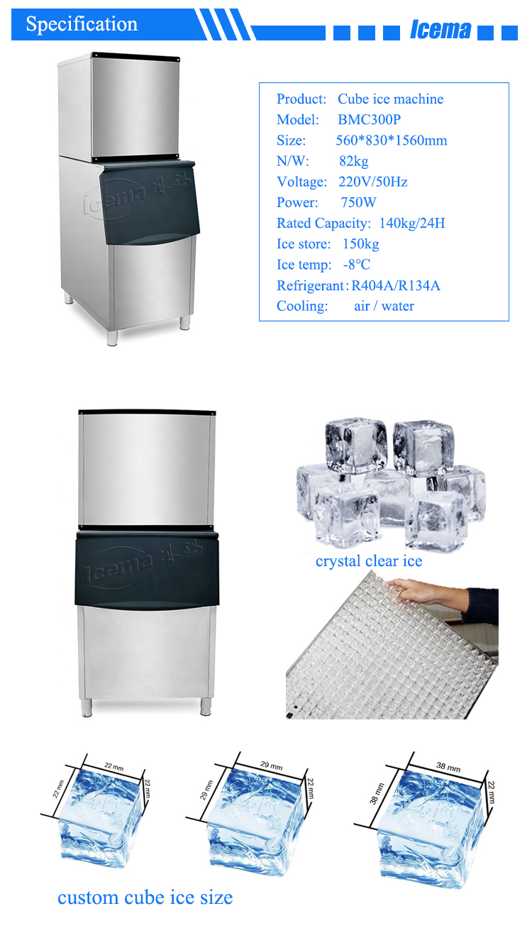 136kg Automatic Ice Cube Maker for Hotel and Restaurant Cube Shape Bristol Compressor