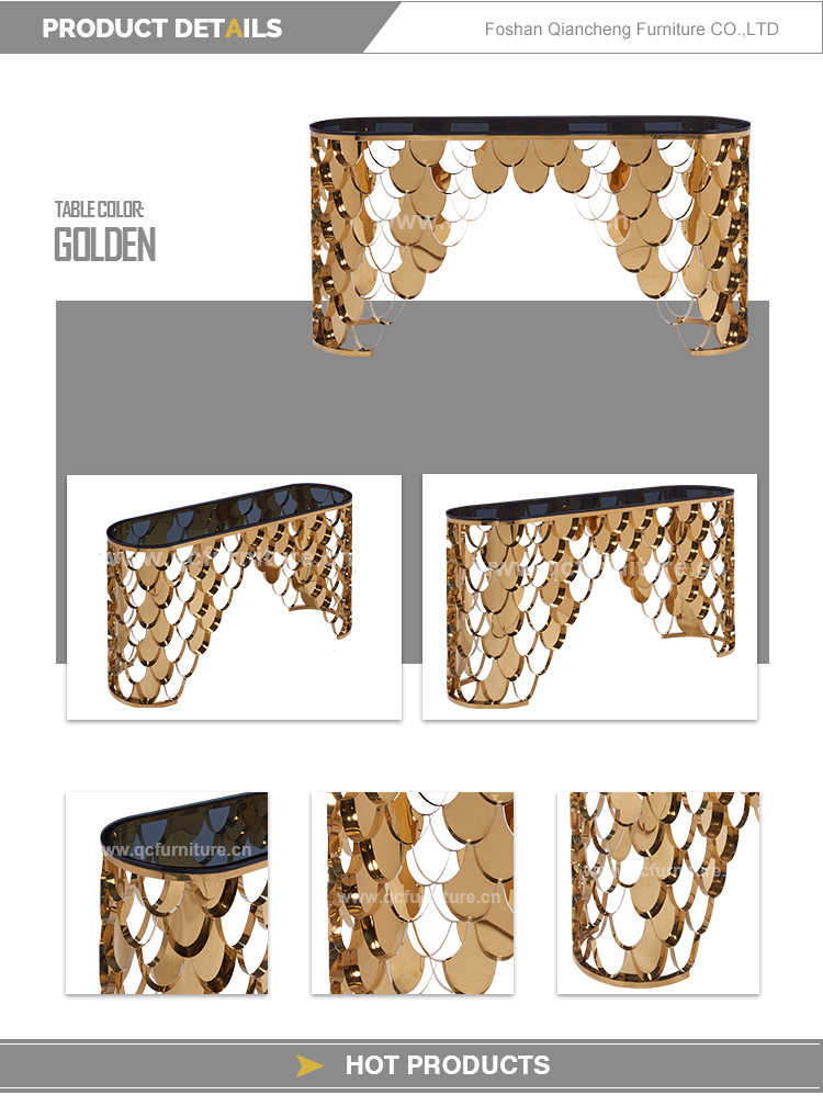 Qiancheng Glass Top SS Console Table gold stainless steel legs