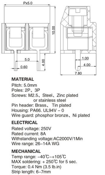 WT126- 5.0 Mm Control Terminal Block / Cable Connector Block 22－１４Awg