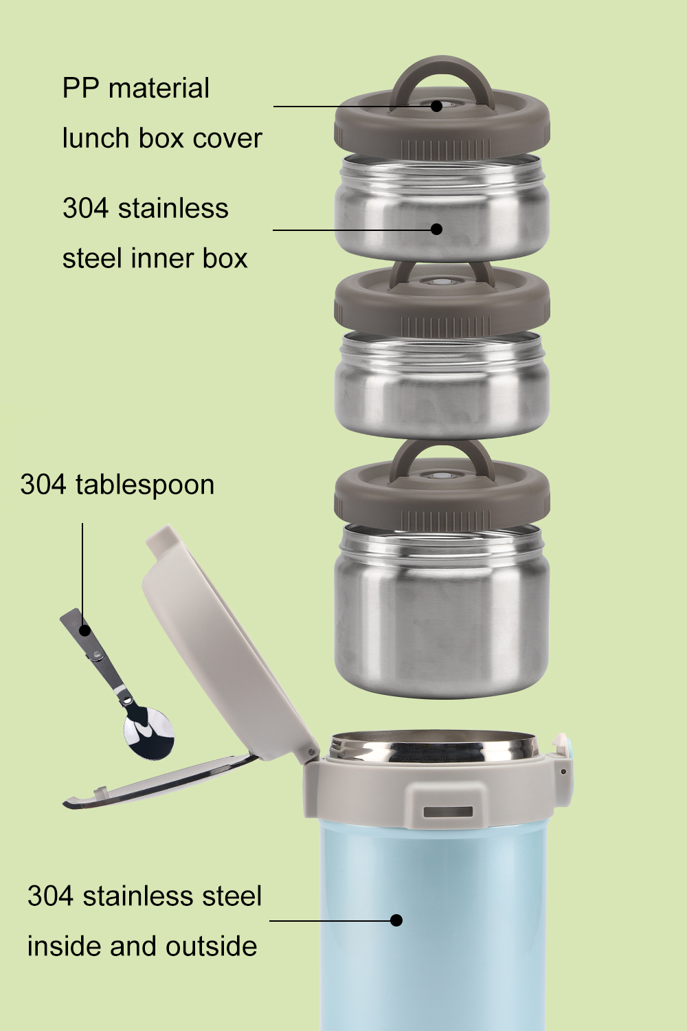 Double-Layer Stainless Steel Vacuum Food Container Jar With Three Independent Compartments