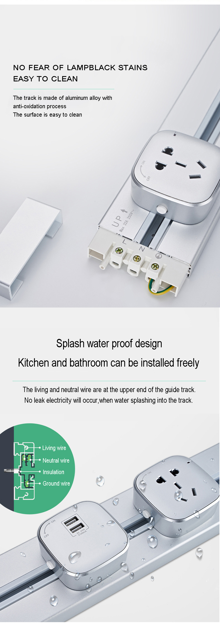 32A Universal Track Socket Customized for 0.6m/0.8m/1.0m/1.2m/1.5m Rail Power Socket