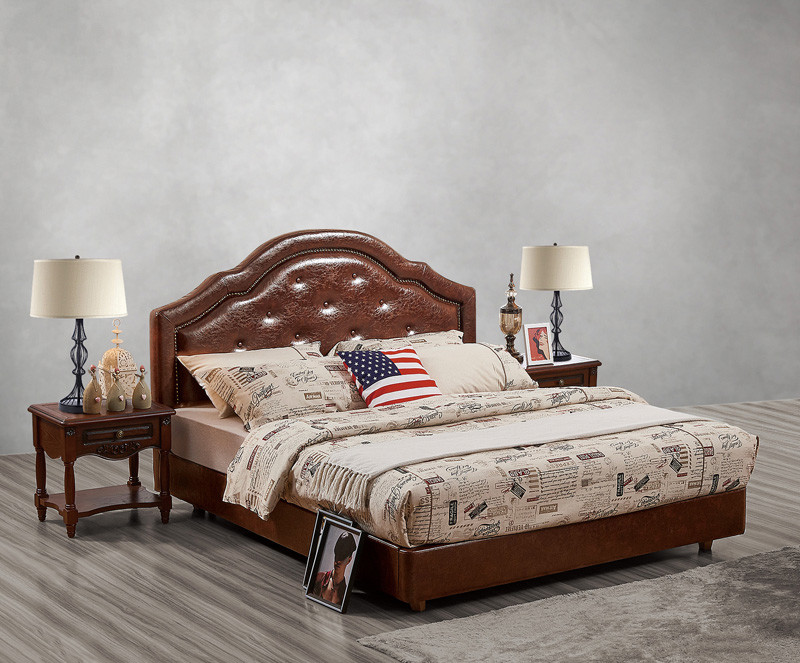 Leather / Fabric Upholstered Headboard Bed for Hotel Bedroom interior Furniture with Wooden nighstand in Cheap price