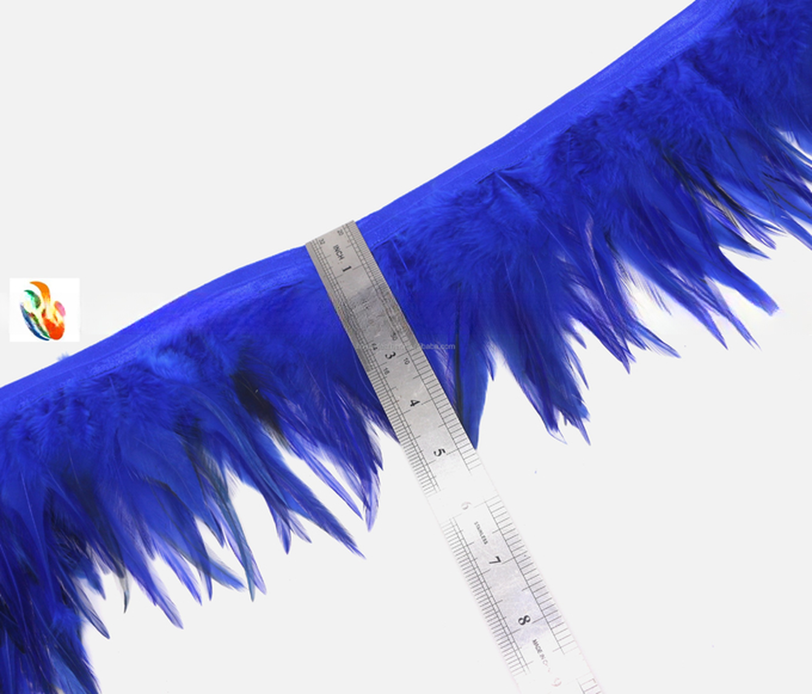 Stretch Saddle Hackle Feather Fringe Trimming with Satin Ribbon Tapes in Dyed Pattern