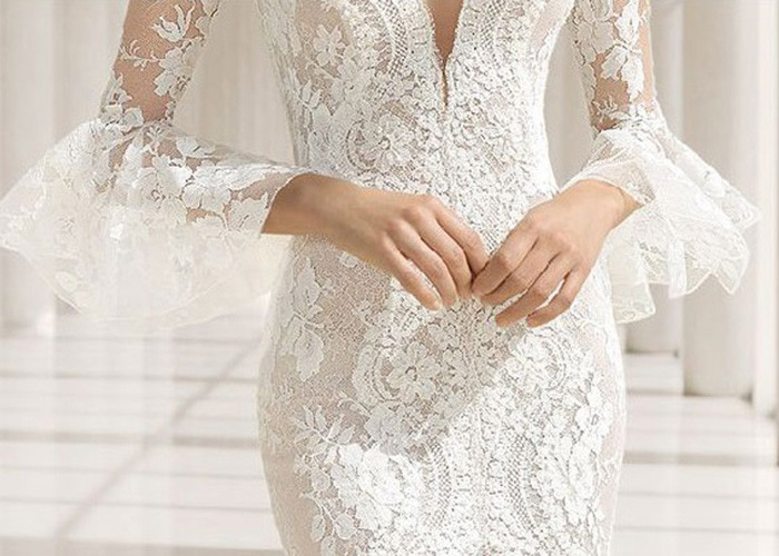 Deep V Neck Long Sleeve Lace Mermaid Wedding Fishtail High Slit Buttons Back